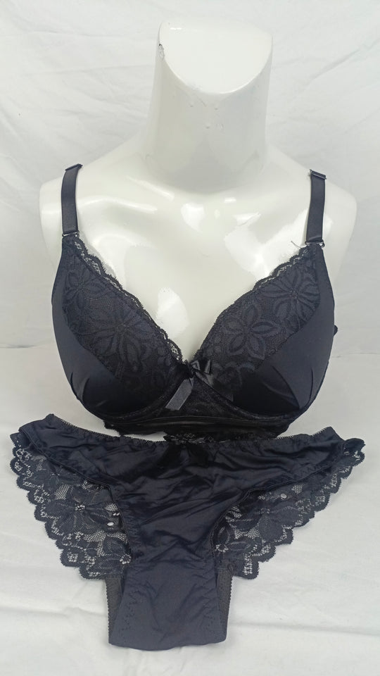 Stylish Black Single Padded Bra With Matching Panty
