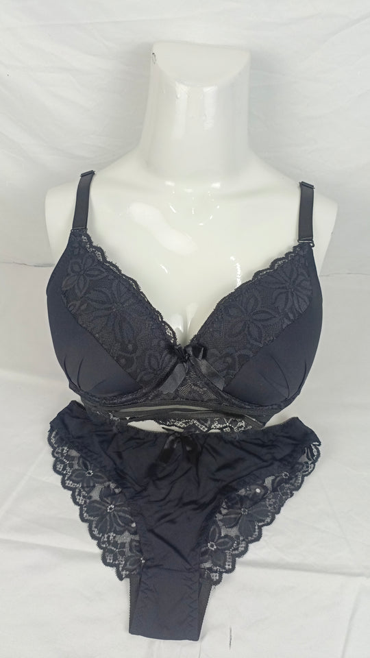 Stylish Black Single Padded Bra With Matching Panty